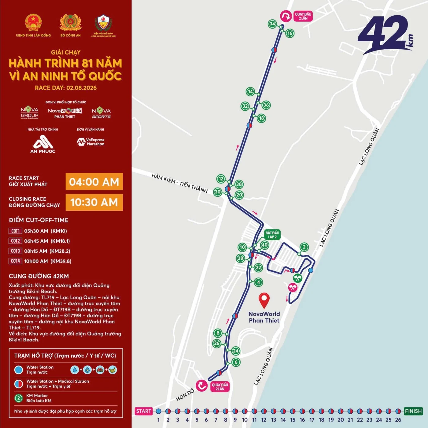 Bản đồ cung đường cự ly 42 km giải chạy Hành trình 81 năm tại NovaWorld Phan Thiết