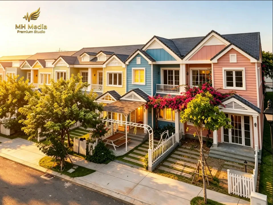 Dãy nhà phố liền kề sơn màu pastel tại Tiến Thành, chụp lúc nắng chiều