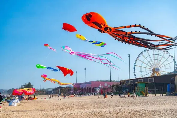 Diều nghệ thuật bay trên bãi Bikini Beach NovaWorld Phan Thiết, vòng quay khổng lồ phía sau