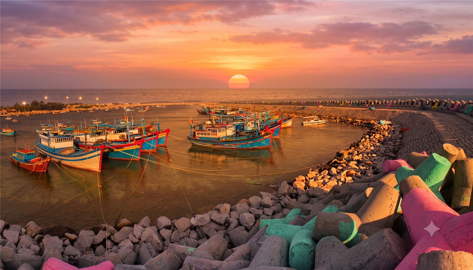 Đoàn tàu cá neo trong vịnh Phú Quý lúc hoàng hôn