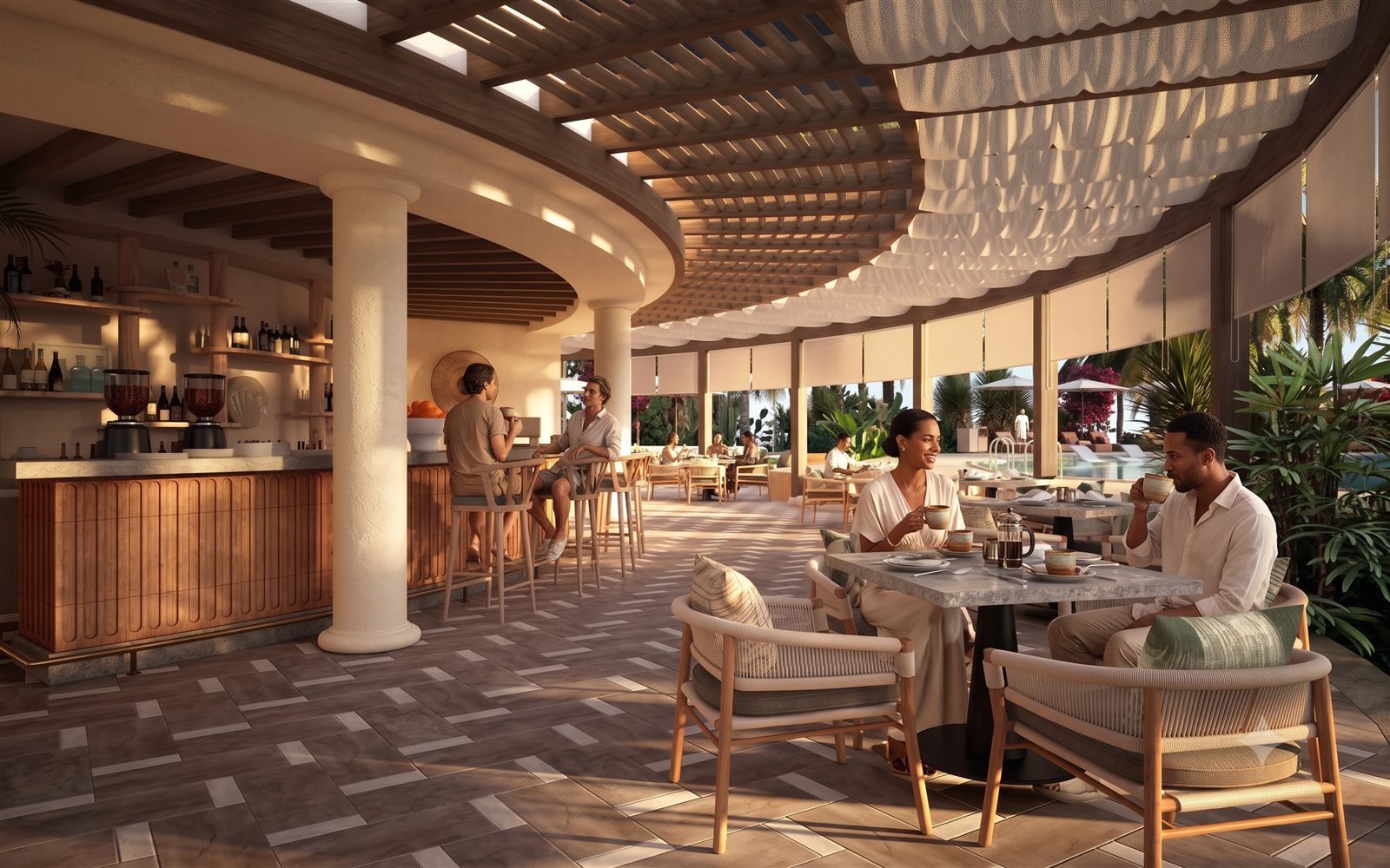 Không gian quán cà phê lounge của Radisson Resort với mái pergola gỗ, khách thưởng thức cà phê buổi chiều