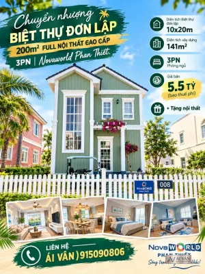 Biệt thự đơn lập NovaWorld Phan Thiết – Chuyển nhượng biệt thự đơn lập 200m² full nội thất cao cấp 3PN  Vị trí đẹp, gần clubhouse, hồ bơi