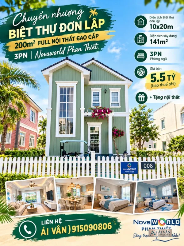 Biệt thự đơn lập NovaWorld Phan Thiết – Chuyển nhượng biệt thự đơn lập 200m² full nội thất cao cấp 3PN Vị trí đẹp, gần clubhouse, hồ bơi