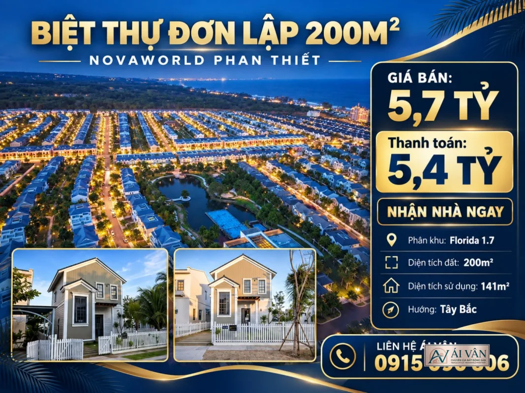 Biệt thự đơn lập NovaWorld Phan Thiết – • Phân khu Florida 1.7 • Diện tích đất: 200m² • Diện tích sử dụng: 141m² • Hướng: Tây Bắc